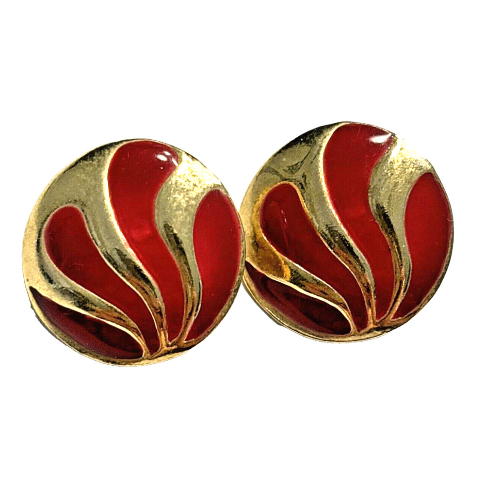 Pierced Earrings Gold & Red Enamel Rounds Career Boss Lady Chic vintage 1980s